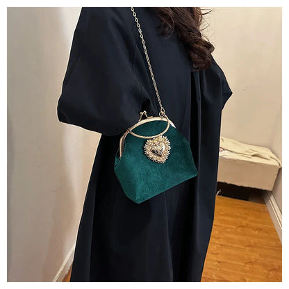 Velvet Frame Heart Dinner Hand Bags Diamonds Chains High Quality Shoulder and Crossbody Bags for Women 2024 Fashion Hot Sale