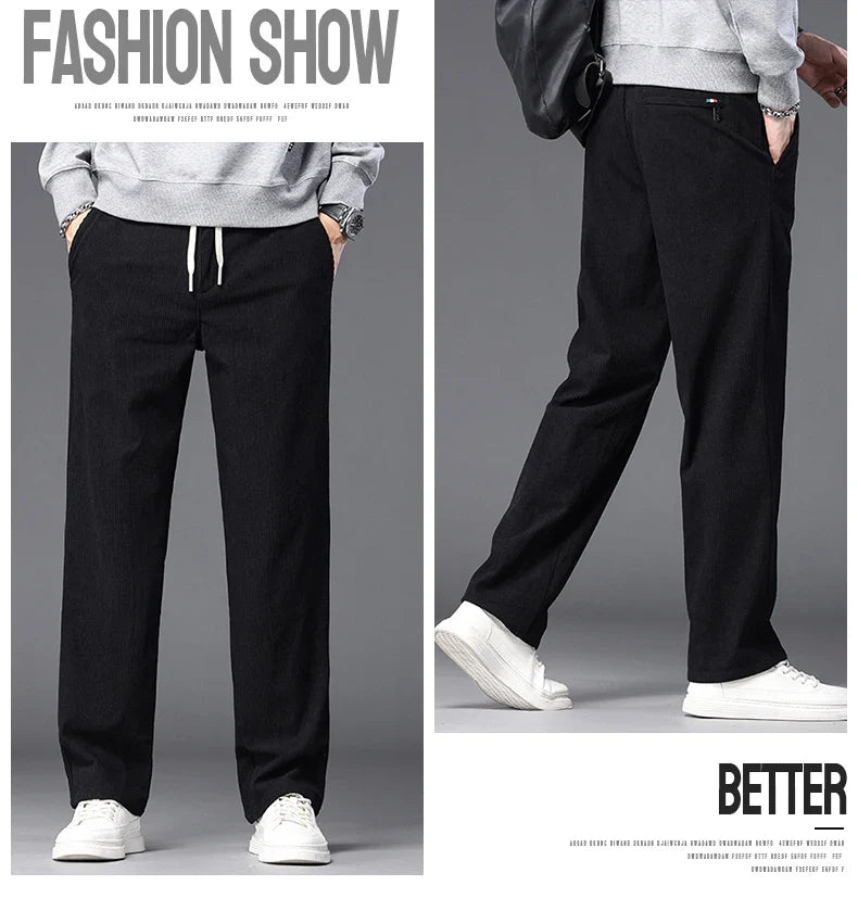Straight Corduroy Classic Male Pants Khaki Black Gray Baggy Fashion Elastic Waist Trousers Soft Stretchy Casual Men's Clothing