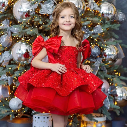 2026 New Christmas Children's Dress Flower Wedding Sequenant Princess Princess Skirt 2-10 years old Red Girl Dress Spot