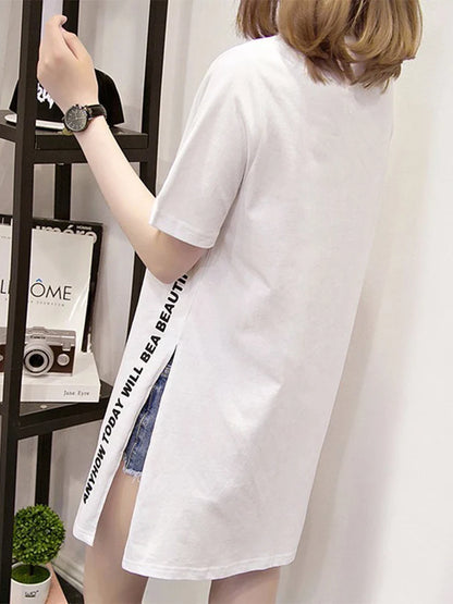 WONDERFUL DAY Print Long T shirts Summer Women Loose Slit Femme Tops  Tshirt Short sleeve Ladies t-shirt
