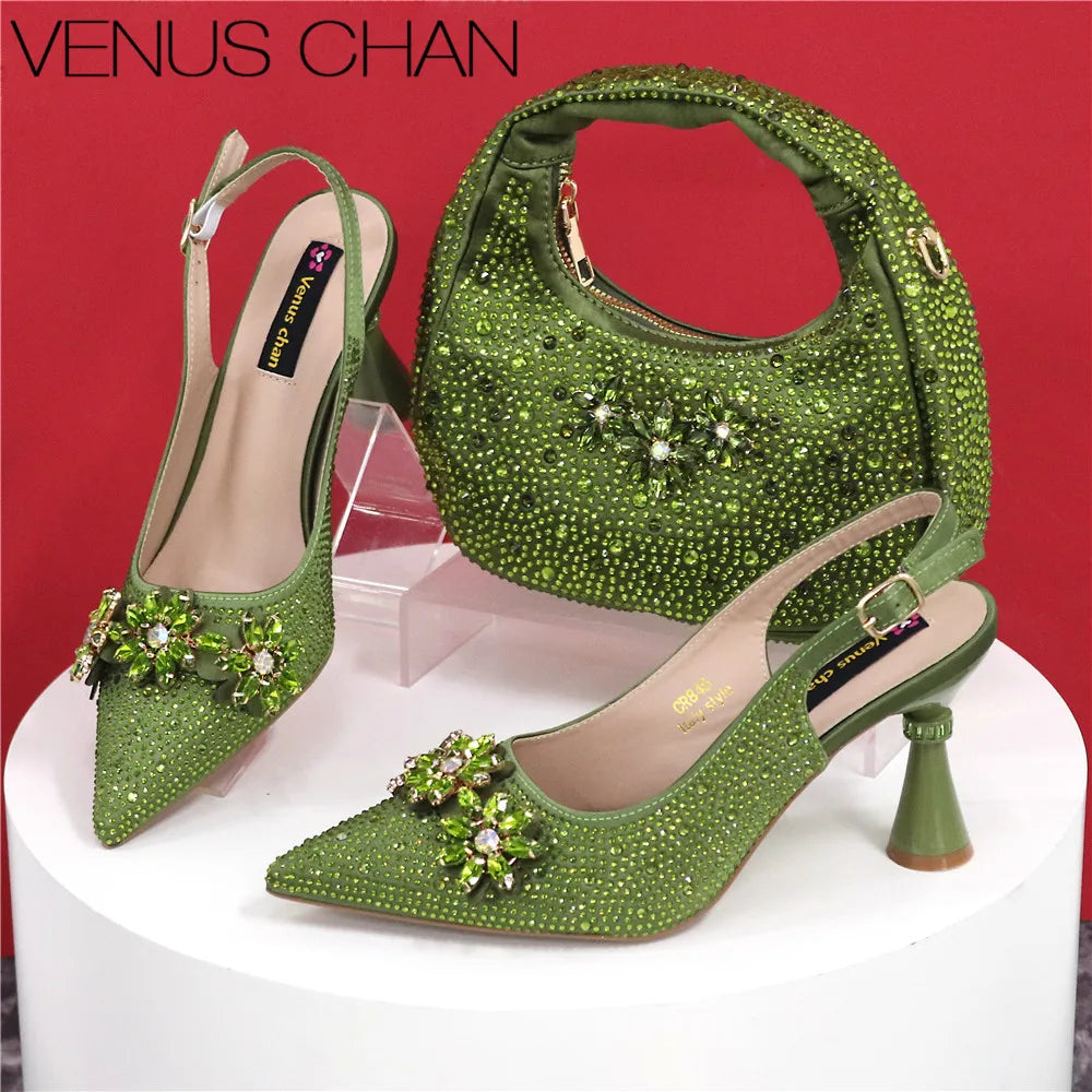 Newest Italian Pumps and Bag To Party INS Style Pointed-Toe Rhinestone Elegant High Heels Champagne Wedge for Women