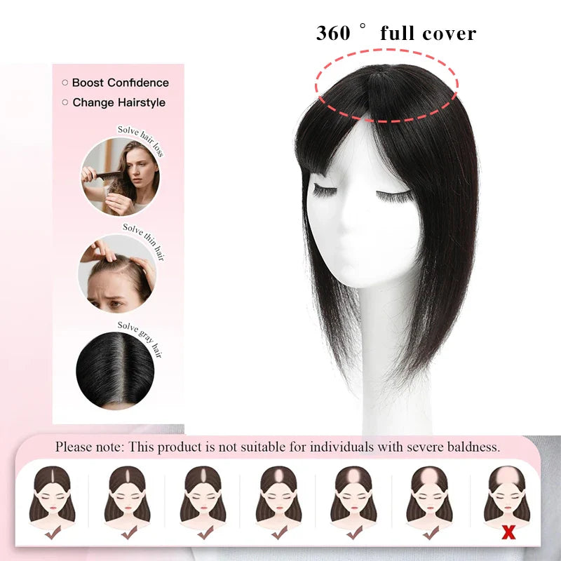 12x13cm Human Hair Toppers with Bangs Black Brown Clip in Hair Toupee for Women Skin Scalp Clip in Remy Hair Pieces