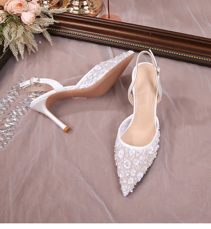 Size 34-42 2025 Summer Beaded High Heel Wedding Shoes Women Lace Mesh Party Dress Shoes