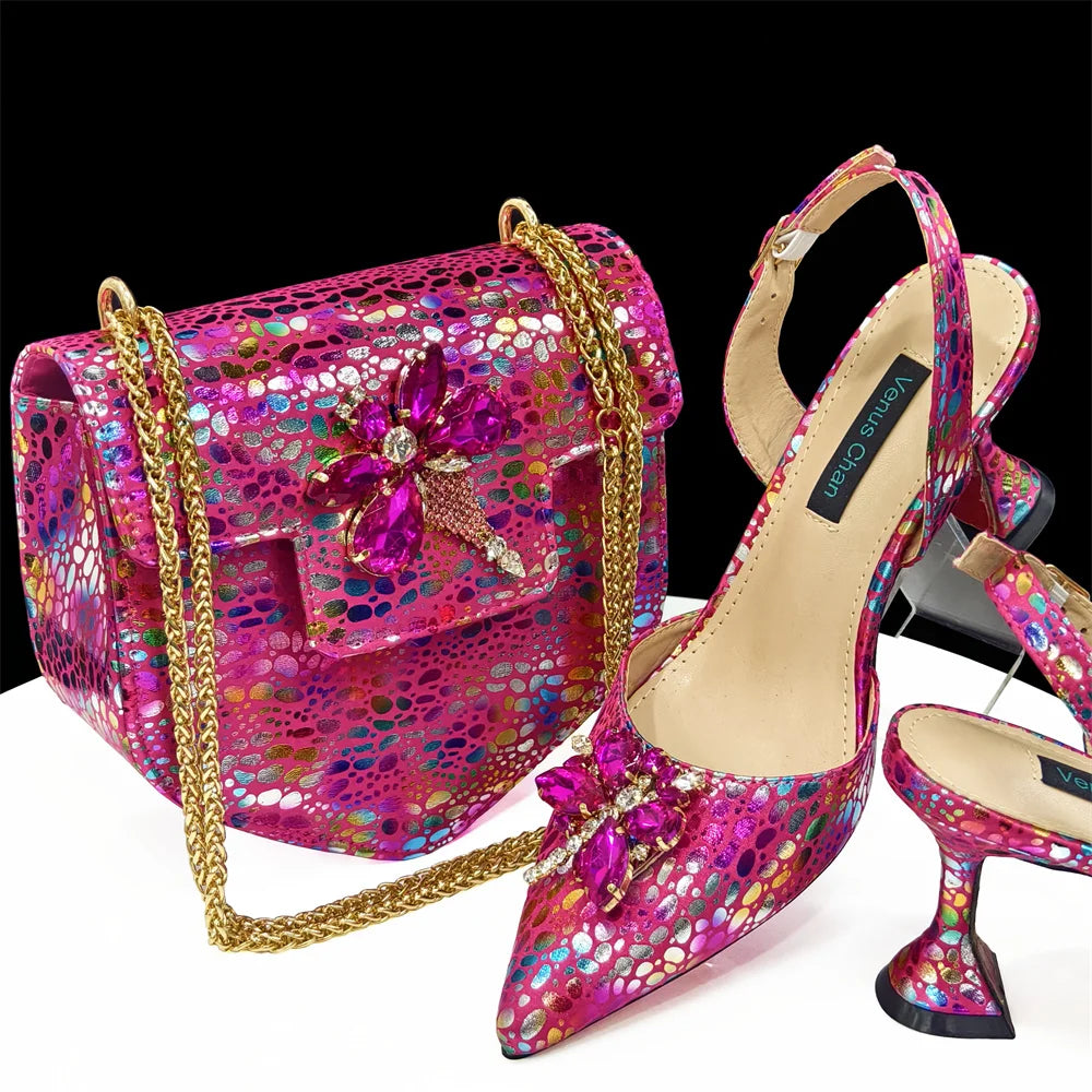 Italian Design Luxury Women's Shoes And Clutch Green Full Diamond Decoration Metal Closure Bag for Party