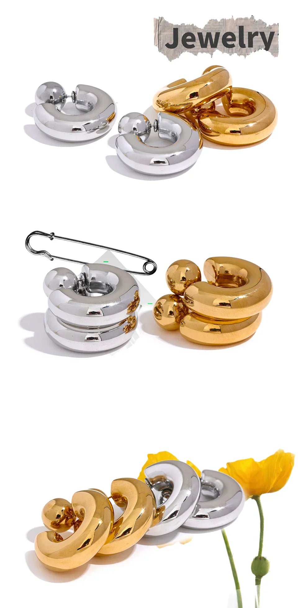 Stainless Steel C Shape Round Chunky Unusual Earrings Jewelry Waterproof Metal Texture Attractive Women Accessories Gift