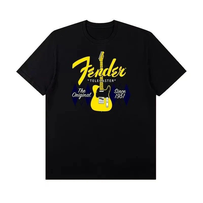 2025 Summer New Fender Jimi Hendrix Fender Electric Guitar Print Graphic T-shirt Men's Short Sleeve T-shirt Street Wear Summer