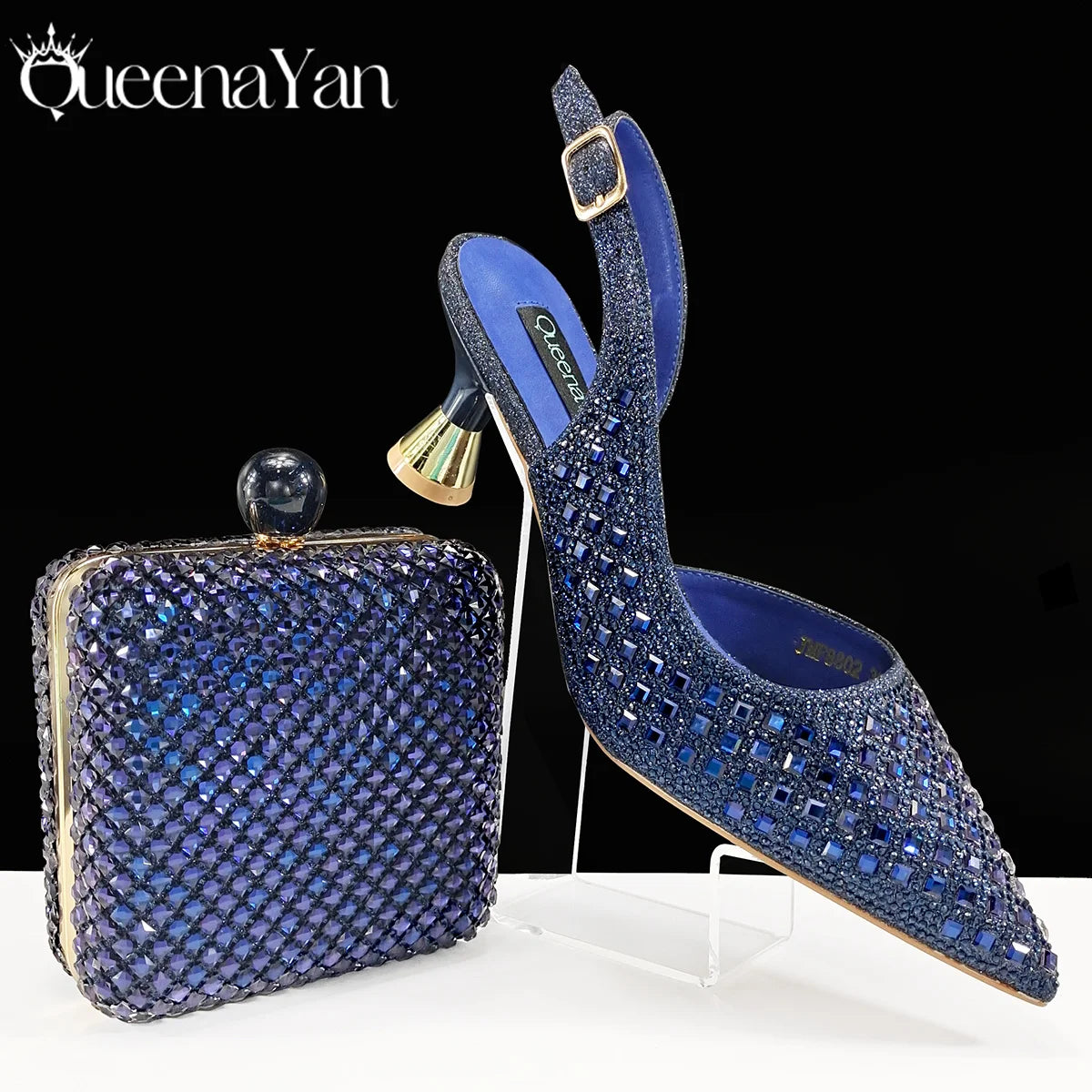 Italian Design Rhinestone Luxury Navy Blue Pointed Toe Shoe & Bag Set Women High Heels for Parties High Quality