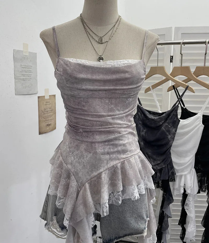 Summer Y2K Camisole for Women Casual Spaghetti Straps Double Layers Lace Stretch Mesh Patchwork Asymmetrical Slim Tops