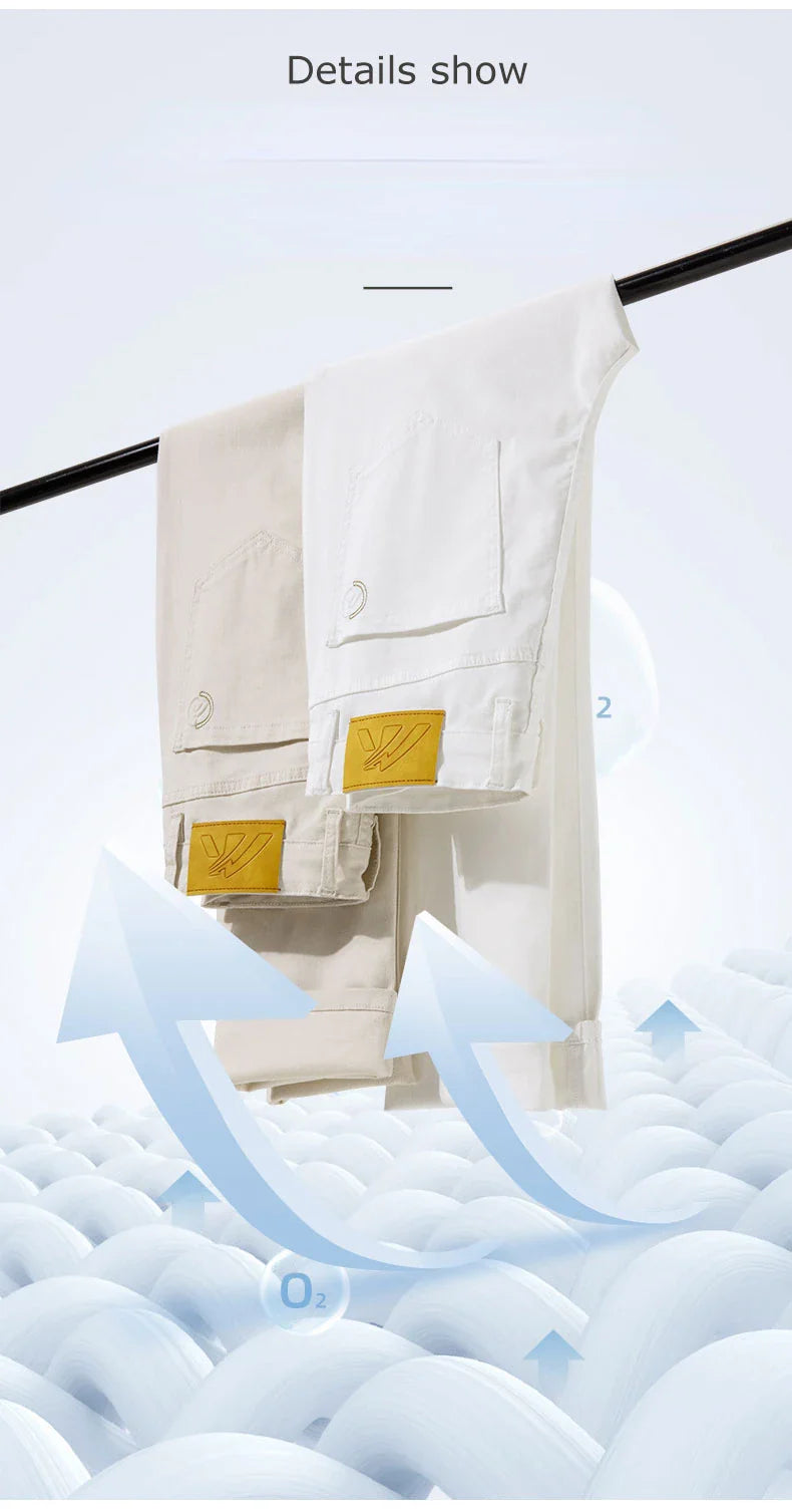 2024 New Men's Khaki White Cotton Stretch Slim Smart Jeans Casual Straight Business Fashion Beige Brand Denim Trousers