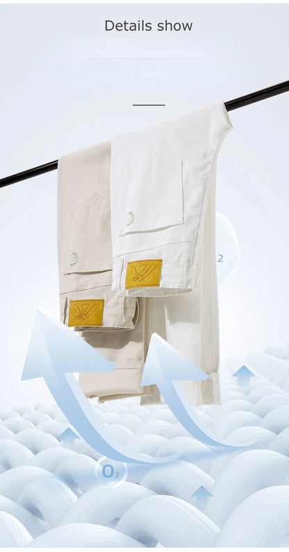 2024 New Men's Khaki White Cotton Stretch Slim Smart Jeans Casual Straight Business Fashion Beige Brand Denim Trousers