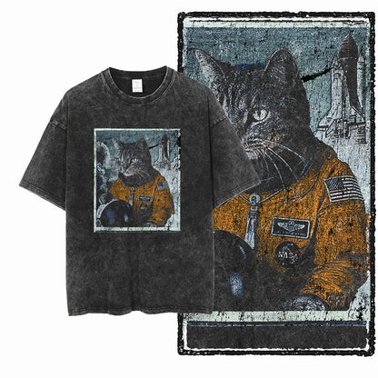 cat Printed Cotton Acid Washed Exclusive Graphic Unisex T Shirt Cool Streetwear Men Tshirts Big Size Tee for men