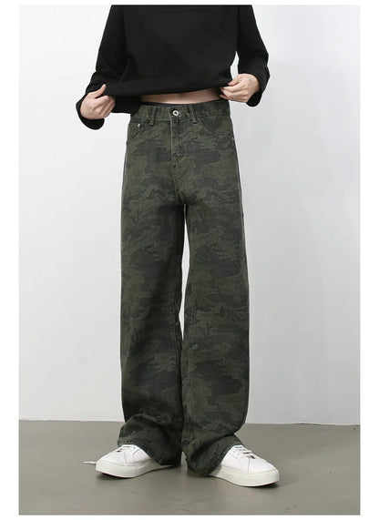 Tide Camouflage Jeans Men's Ins Loose Straight Wide Leg Casual Denim Pants Loose Male Trousers 12C2036