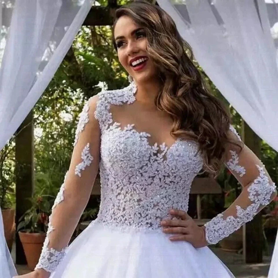 2022 Luxury White/Ivory Women Long Train Wedding Dress Lace Appliques Illusion Beading Sequins O-Neck Elegant Tulle Bridal Gowns
