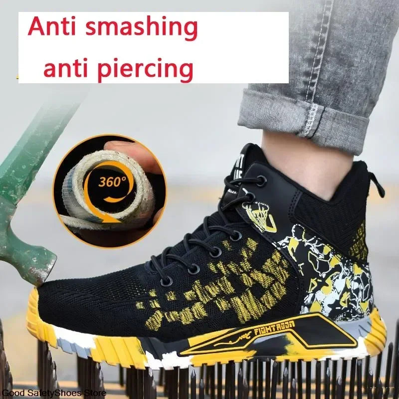 Men's All Seasons Safety Shoes Breathable Flying Woven Steel Toe Cap Impact Resistant Puncture Proof mid Cut Sneakers