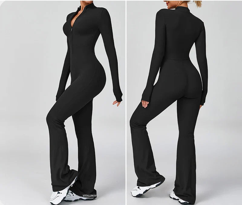 VITALINOVO Women Long Sleeve Flare Workout Jumpsuit Zip Up Romper Bottom Pants Wide Leg Full Length Bodysuit Bodycon One Piece