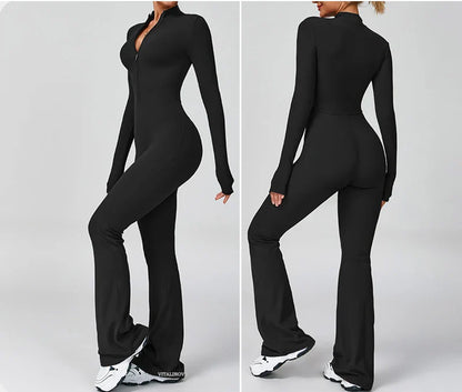 VITALINOVO Women Long Sleeve Flare Workout Jumpsuit Zip Up Romper Bottom Pants Wide Leg Full Length Bodysuit Bodycon One Piece