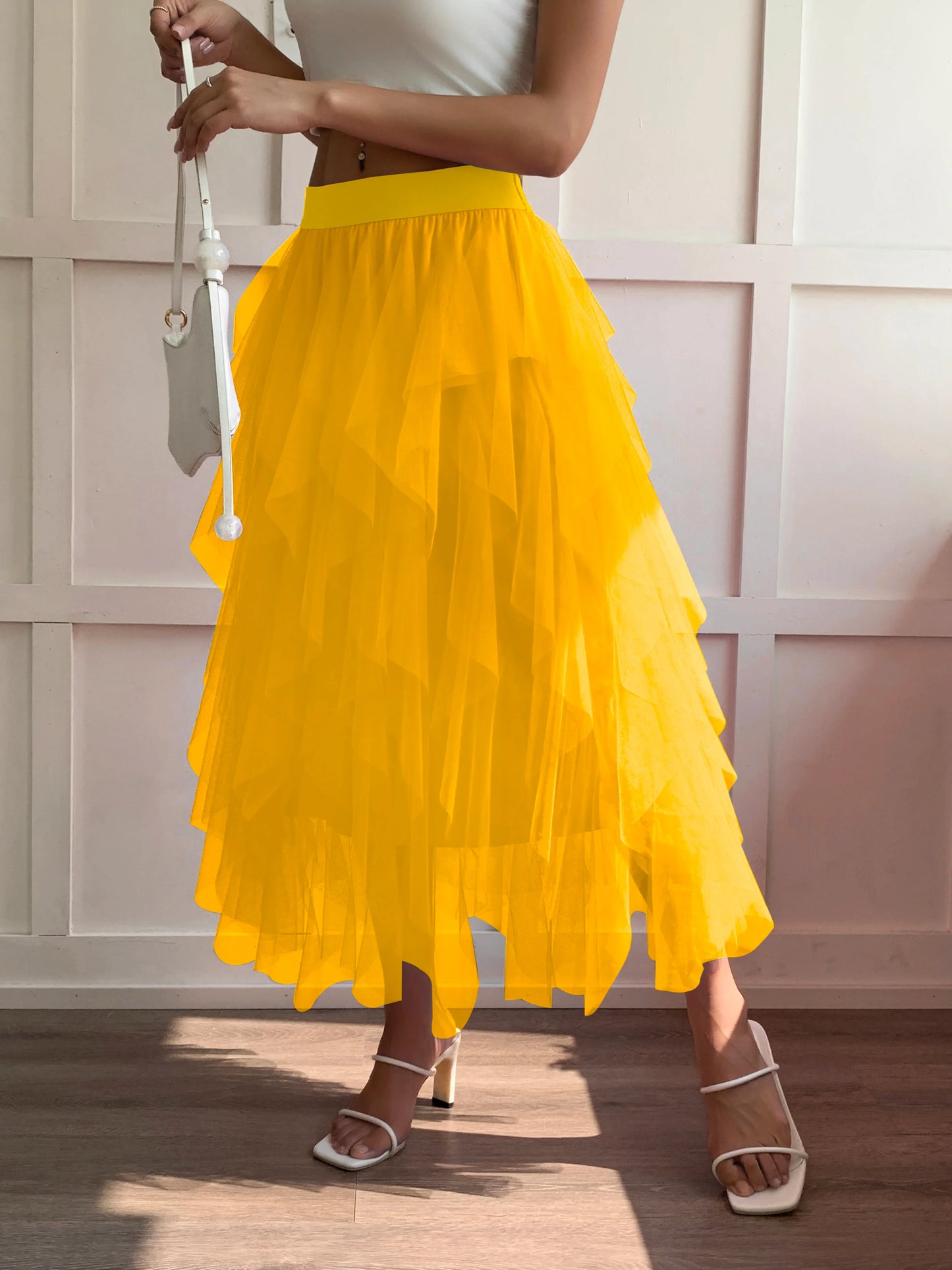 Medium waist chiffon long skirt for women, irregular layered pleated edge layered cake skirt, elegant fairy A-line skirt