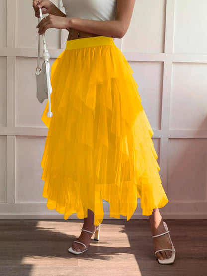 Medium waist chiffon long skirt for women, irregular layered pleated edge layered cake skirt, elegant fairy A-line skirt