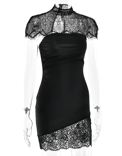 Black Lace Patchwork Strapless Dress Women Sexy Cape Shawl Waist Cinching Slim Mini Dresses Lady 2026 Evening Club Party Gowns