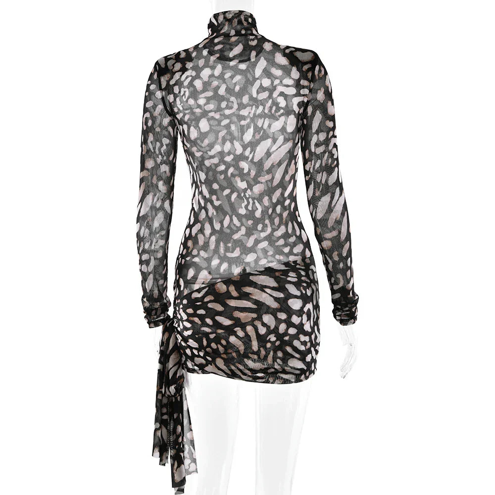 Sexy Sheer Print Leopard Bandage Women Dress Long Sleeve Mini Dress Lady Spring Slim Elegant Party Club Dress