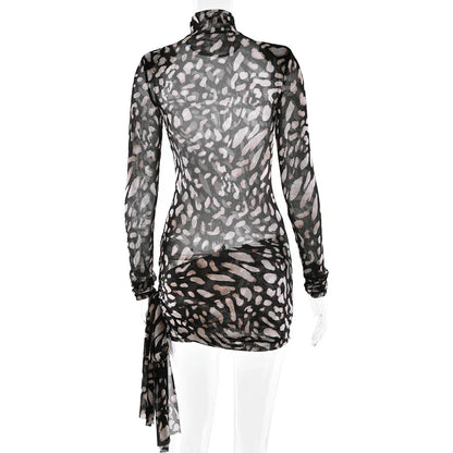Sexy Sheer Print Leopard Bandage Women Dress Long Sleeve Mini Dress Lady Spring Slim Elegant Party Club Dress