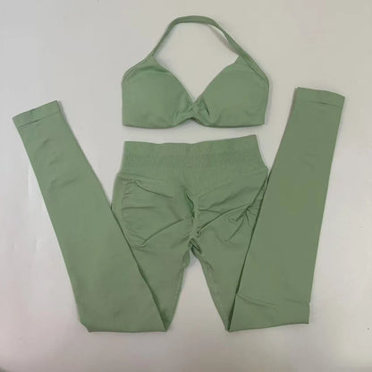 2pcs Seamless Yoga Set Women Yoga Scrunch Leggings Set Strappy Halter Sports Bra Fitness Gym Clothing Workout Set