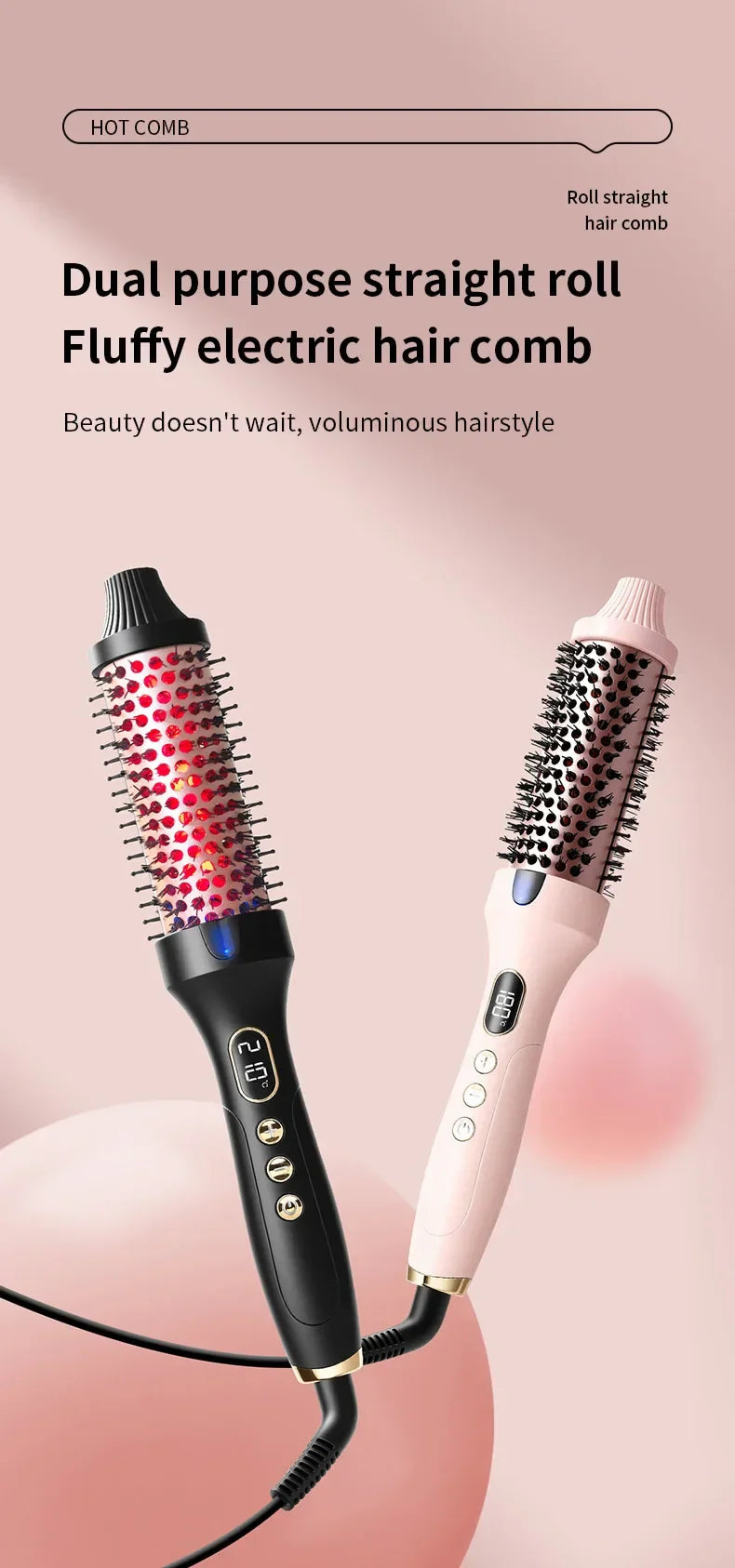 Fluffy Comb Straight Hair Curling and Straightening Dual Purpose Curling Brush PTC Heating Red Light Hair Care Curling Iron