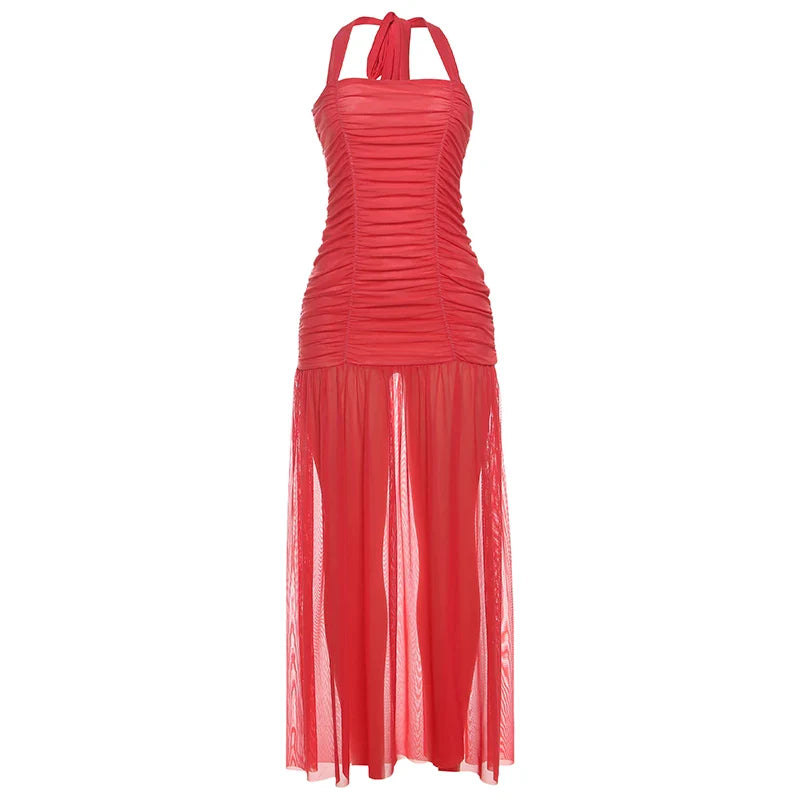 See Through Hem Dress Women Ruched Halter Summer Trend Sleeveless Backless Patchwork Midnight Clubwear Party Maxi Bodycon