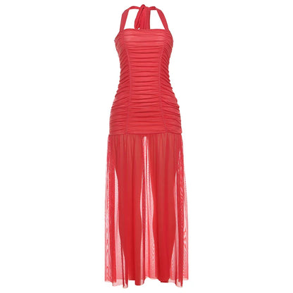 See Through Hem Dress Women Ruched Halter Summer Trend Sleeveless Backless Patchwork Midnight Clubwear Party Maxi Bodycon