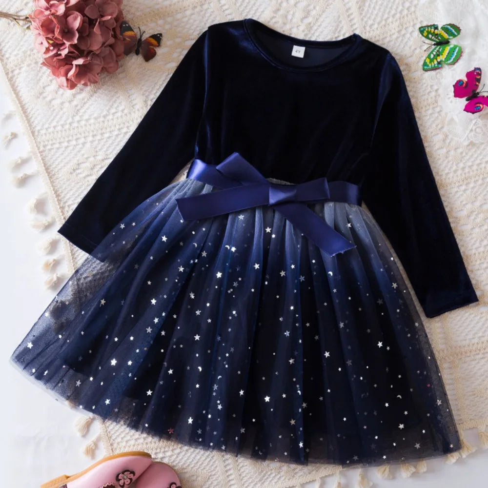 Bear Leader Autumn Winter Long Sleeved Girls Dresses Christmas Red Kids Wear Korean Version Star Gradient Mesh Princess Dress