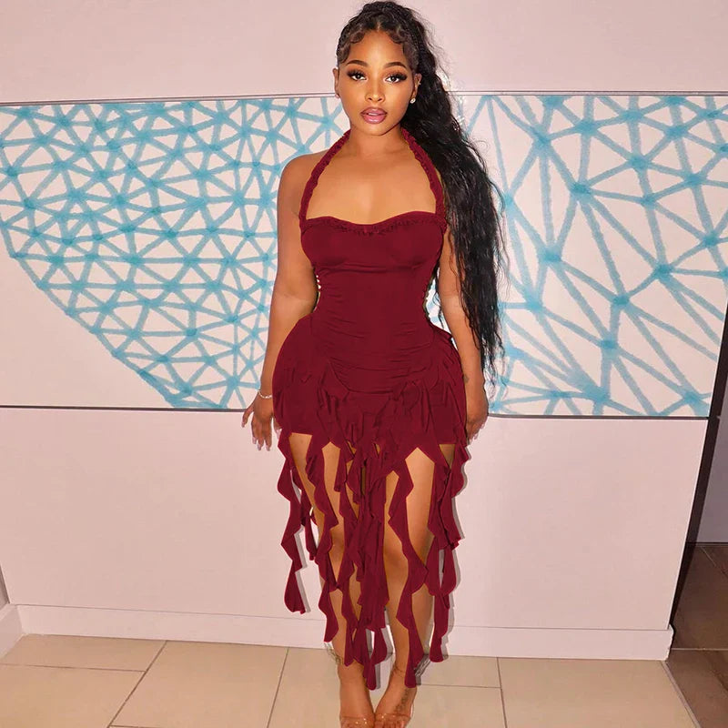 Elegant Halter Solid Ruffles Backless Taseel Sexy Slim Mini Dress Spring Women Cute Outfits Birthday Party Vacation
