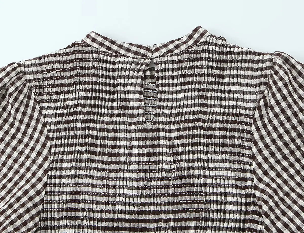 Spring Summer O-Neck Short Puff Sleeve Small Plaid Tops Women Back Button Decoration Tops Female Casual Wear 2026 New