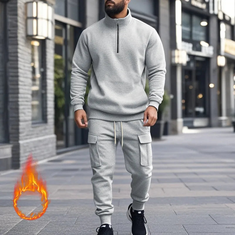 2024 autumn and winter men's casual velvet warm zipper sports trousers set