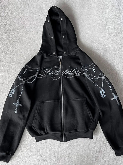 Winter Fashion Streetwear Women's Gothic Punk Faux Fur Hooded Jacket With Cross Print Trendy Edgy Zip - Up Sweatshirt 2026 New