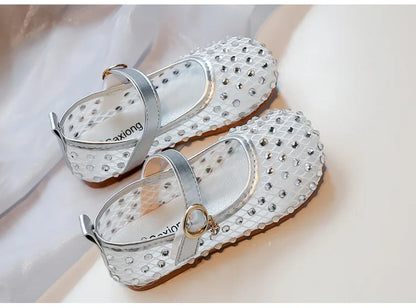 2026Summer Girl's Sandals Crystal Air Mesh Biege Sliver Luxury Kids Flat Shoes Beautiful Party Graceful Anti-skid Childern Shoes