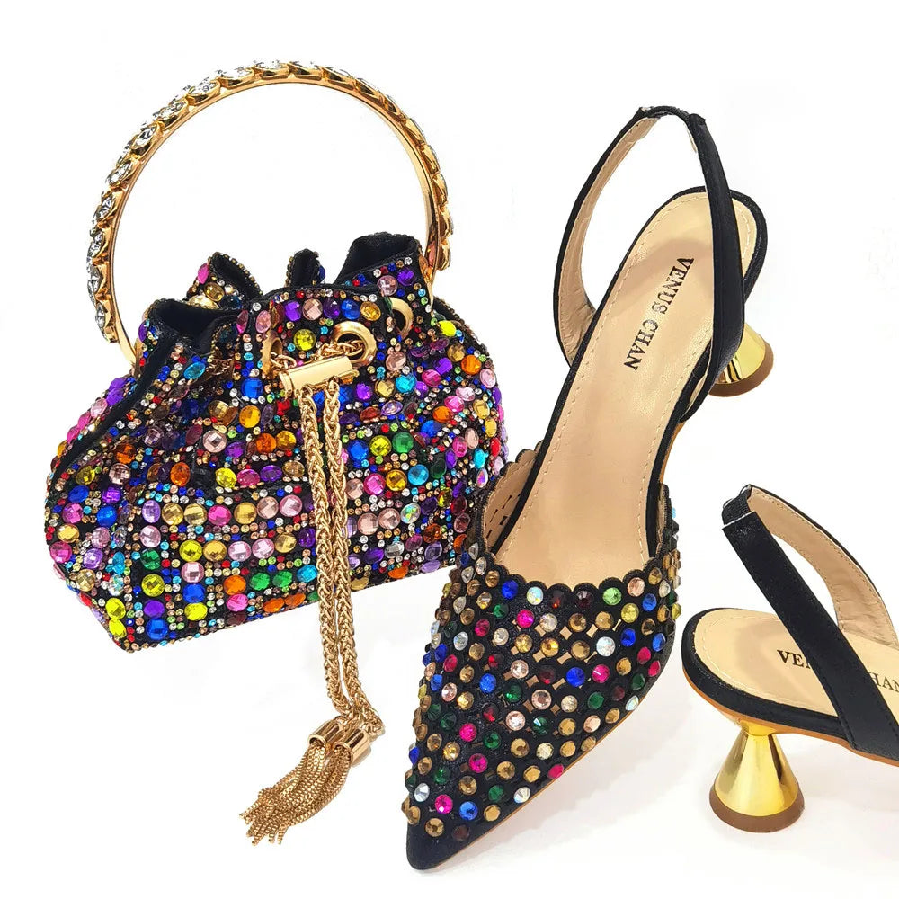 Mix Sapatos Femininos Salto Alto Bico Fino Designer Luxuoso Pedras Coloridas Festa Noturna Conjunto Combinando Sapatos e Bolsas