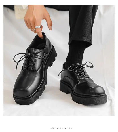 Men's Formal Shoes with Flat Heel Low Top Lace-up Solid Color Thick Sole Unique and Fashionable New Style Leather Shoes