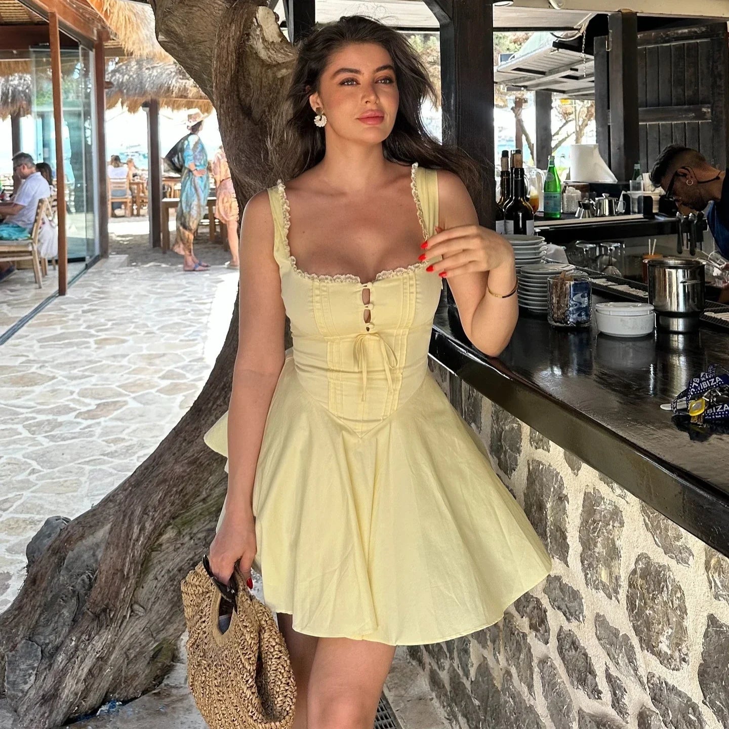 Summer Lovely A Line Dress Yellow Sexy Party Dresses Hollow Out Lace Up Elegant Holiday Dress Women