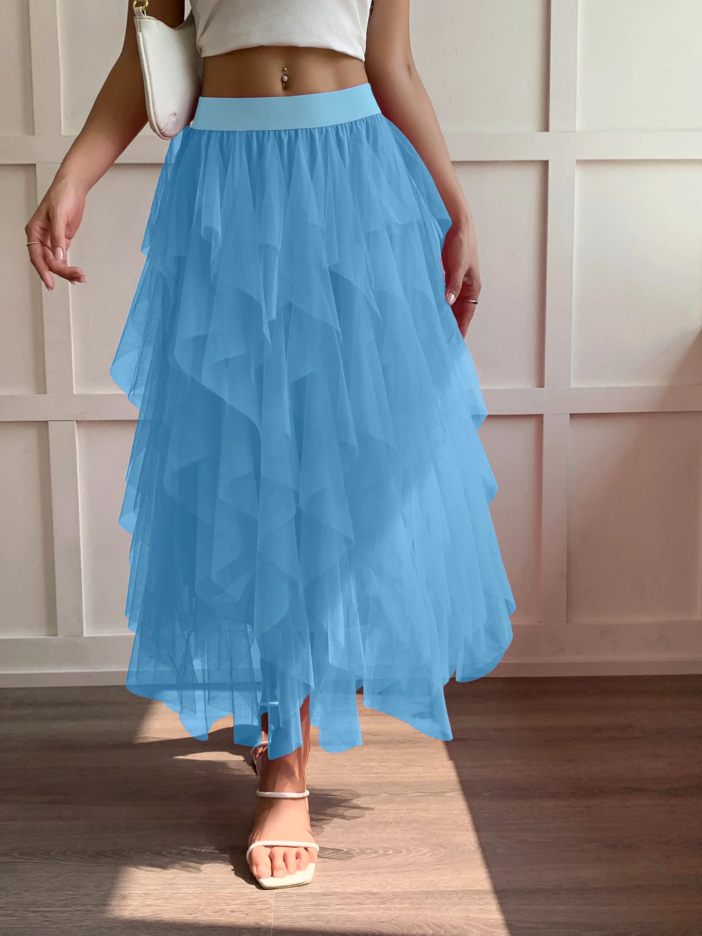 Medium waist chiffon long skirt for women, irregular layered pleated edge layered cake skirt, elegant fairy A-line skirt