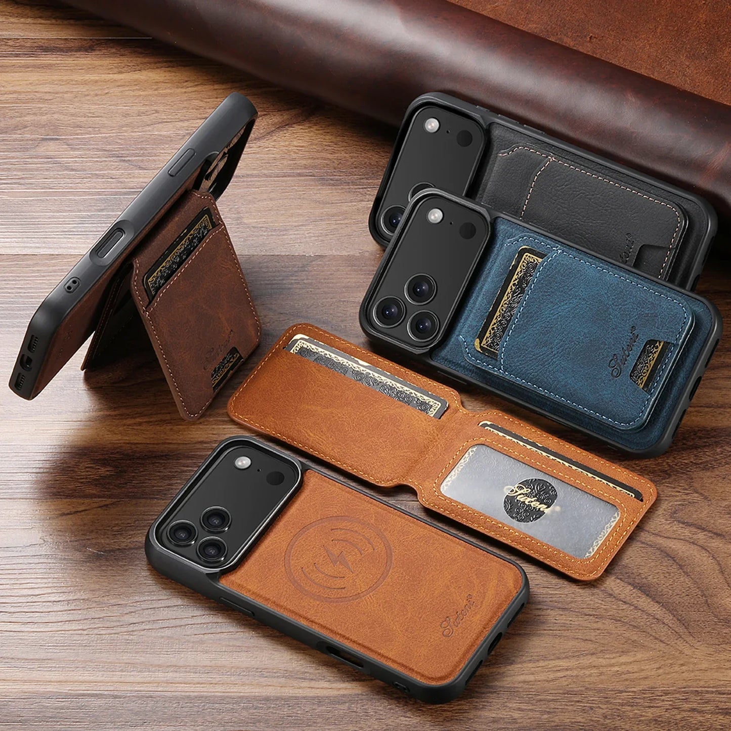Wireless Charging Phone Case Magnet Card Holder Stand Faux Leather For iPhone 17 Pro Max 16 Plus 15 14 13 12