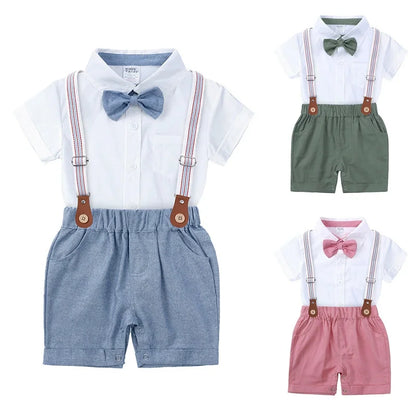 Baby Boy Formal Birthday Outfit Suit Toddler Gentleman Clothes Infant Short Sleeve Bowtie Shirt+Suspender Pants Casual Sets