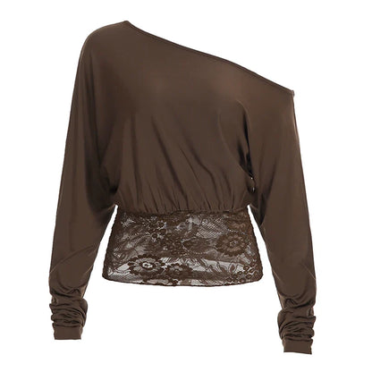 Elegant Off-Shoulder Lace-Trimmed Waist-Defining Top Retro Streetwear Solid Long-Sleeve T-Shirt For Women Spring-Summer