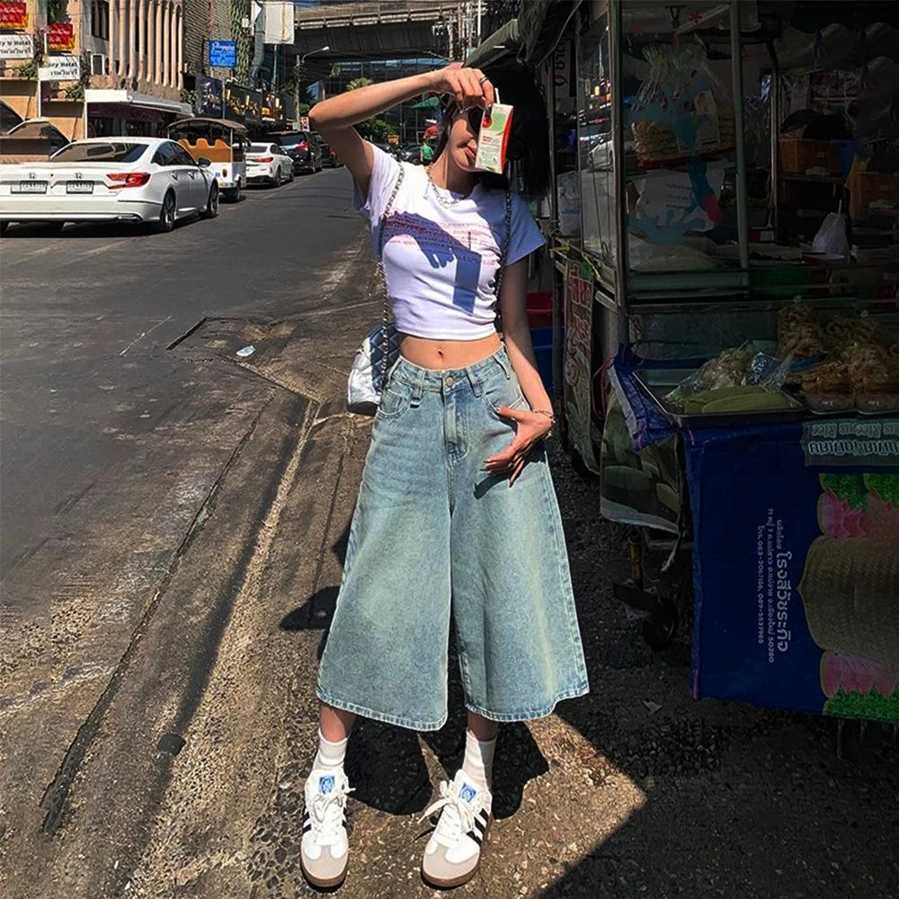 Verão American Style Vintage Feminino Jeans Folgado Y2k Solto Lavado Cintura Alta Calça Jeans Comprimento Joelho Streetwear Shorts Perna Larga