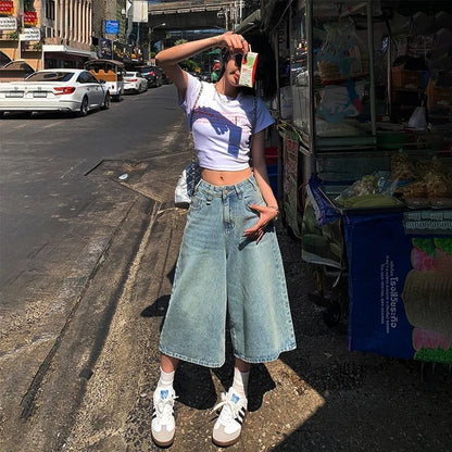 Verão American Style Vintage Feminino Jeans Folgado Y2k Solto Lavado Cintura Alta Calça Jeans Comprimento Joelho Streetwear Shorts Perna Larga