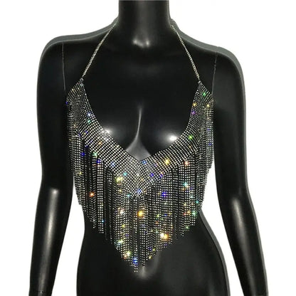 Bling Rhinestones Tassel Party Crop Top Woman Fashion Halter Neck Backless Design Full Diamond Sequins Nightclub Clubwear