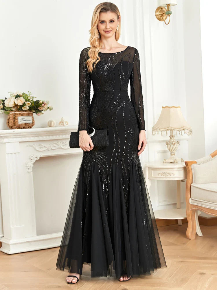 Elegant Long Sleeves Sequin Tulle Evening Dresses 2025 Women Luxury Mermaid Formal Bridesmaid Party Maxi Prom Dress