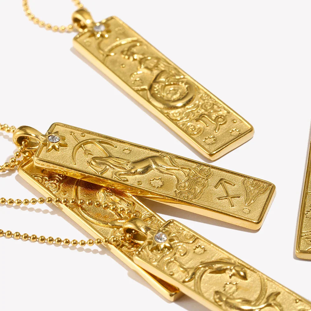 18k Gold Plated Rectangle Shape 12 Constellation Pendant Necklace Stainless Steel Waterproof Fashion Women's Jewelry