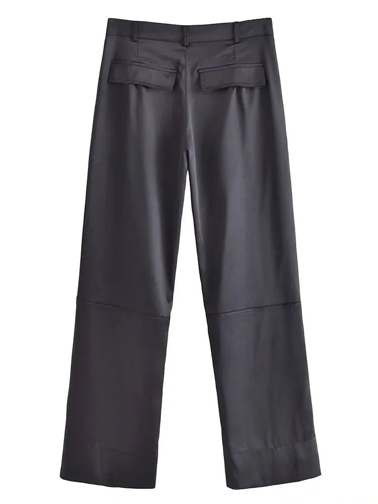 Women Fashion with Pockets Versatile High-waist Slim Multi-pocket Silk Satin Texture Straight Overalls