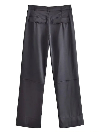 Women Fashion with Pockets Versatile High-waist Slim Multi-pocket Silk Satin Texture Straight Overalls