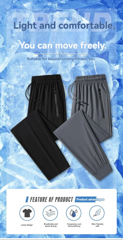 Summer Ice Silk Men Quick Drying Breathable Casual Pants Comfortable Loose Large Size High Elastic Outdoor Running Sports Pants